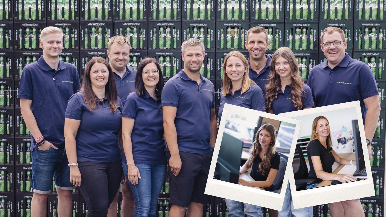 Sprizzwein-Mitarbeiter und Fotos von 2 Bürodamen bei der Arbeit
