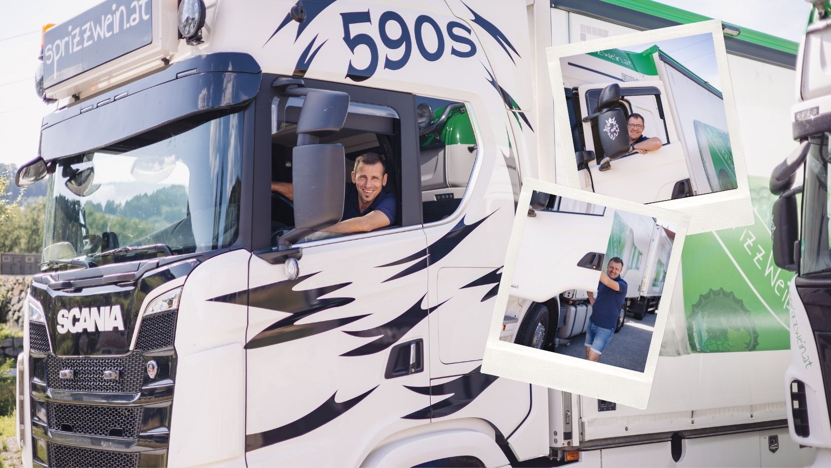 Foto LKW und 2 Fotos von unseren LKW-Fahrern bei der Arbeit